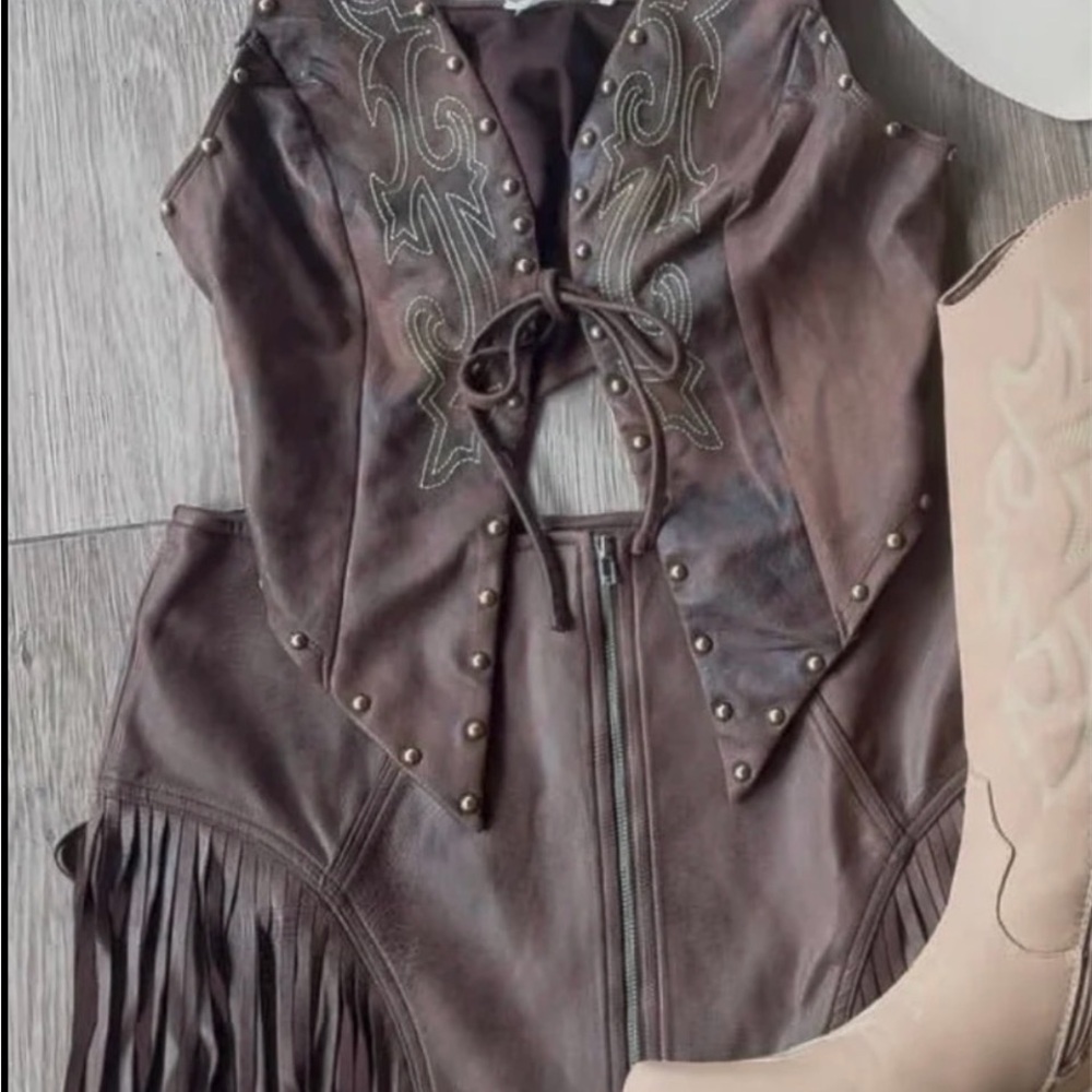 Bear Dance Brown Leather Fringe Vest Jacket